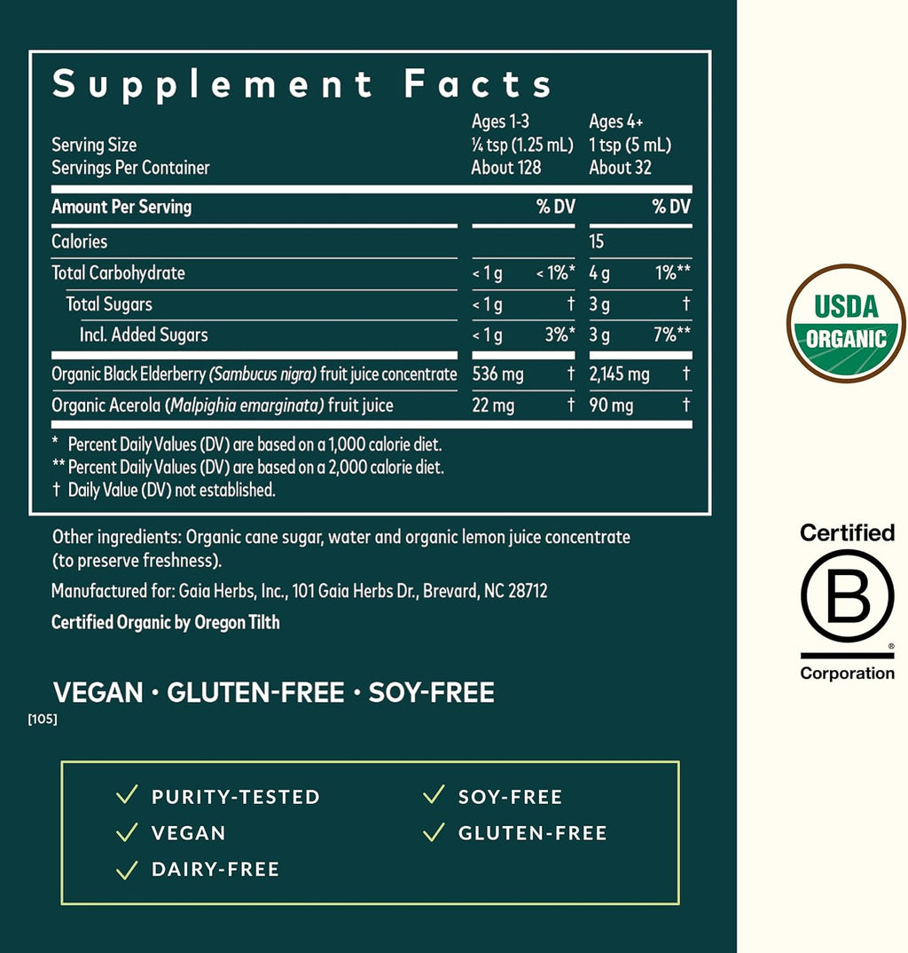 Gaia Herbs Black Elderberry(Sambucus Nigra)Syrup Extra Strength-Immune Support Supplement-Made with Organic Black Elderberries for Immune System-USDA Certified Organic Formula-5.4 Fl Oz(32-Day Supply)