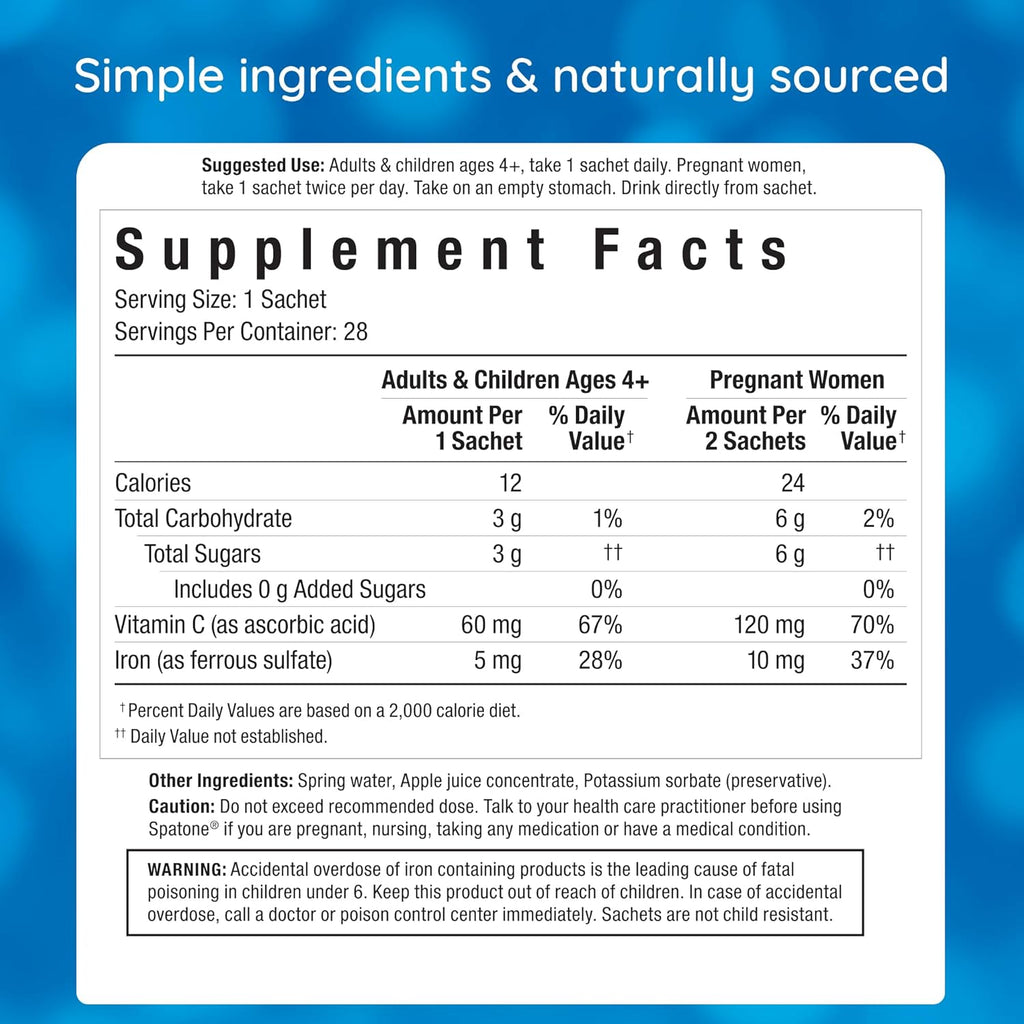 Spatone Natural Liquid Iron Supplement Plus VIT C for Women - Men & Kids Ages 4+ - Ideal During Pregnancy - Easily Absorbed & Gentle - Vegan - Apple Flavor - 28-Day - 5mg of Iron Per 20mL Sachet