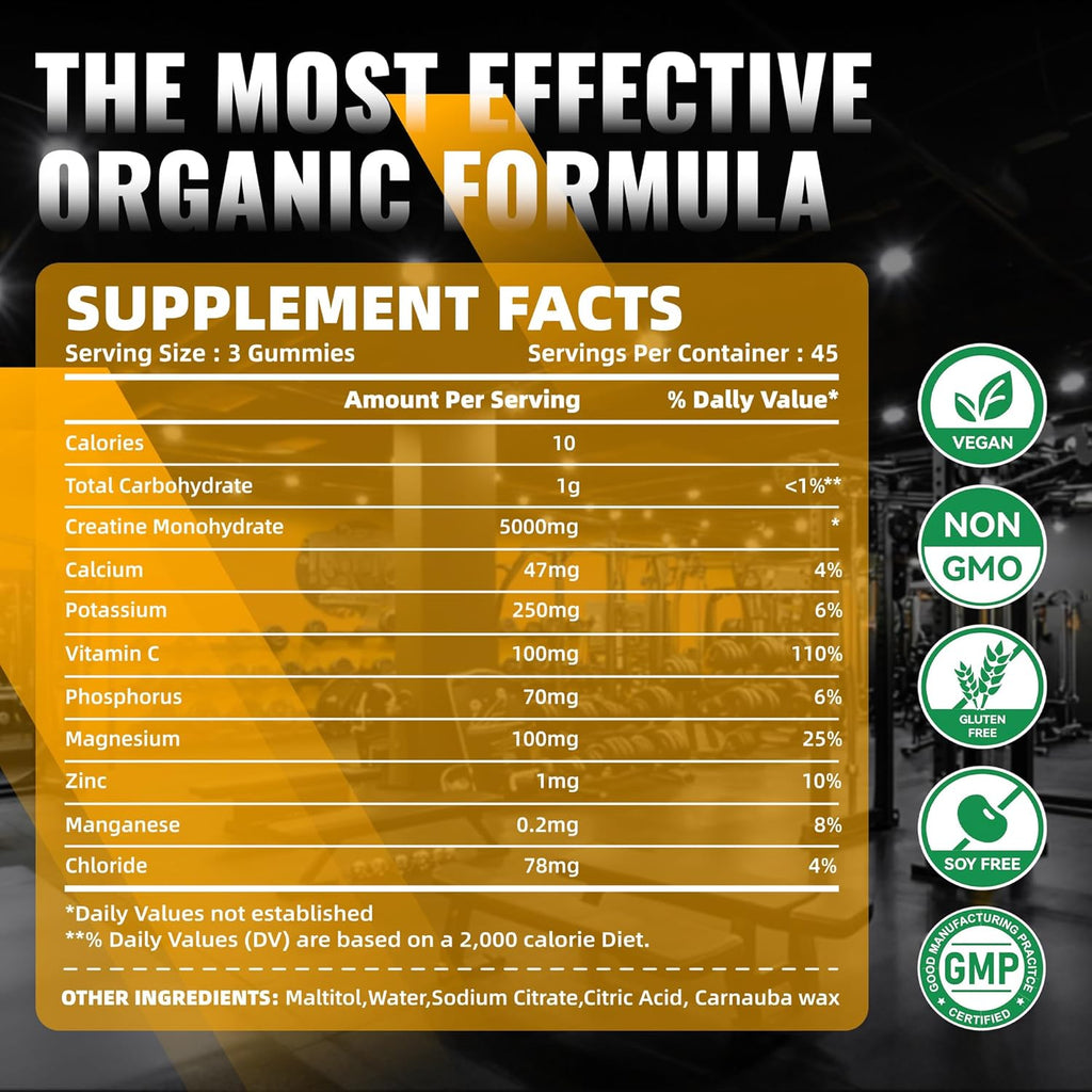 Creatine Monohydrate Gummies for Men & Women-5g of Creatine Monohydrate per Serving - Sugar Free,Vegan, Organe Electrolyte Chews, 135 Count