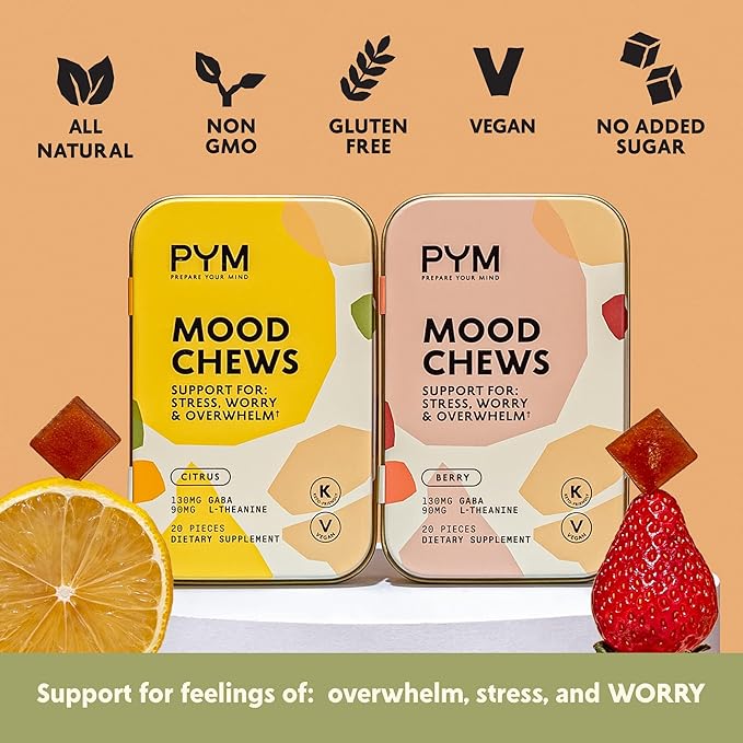 PYM Mood & Focus Chews Variety Pack, 60 Count | Berry, Citrus & Attention Chews | GABA, L-Theanine, L-Carnitine | Vegan, Non-GMO, Caffeine-Free