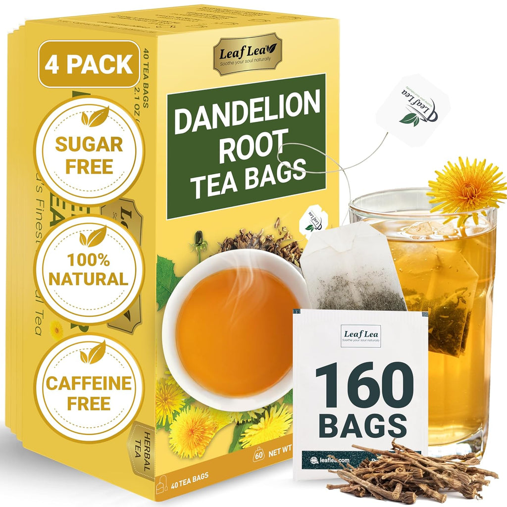 LeafLea Dandelion Root Tea Bags, 160 Dandelion Tea Bags, 100% Natural & Pure Dandelion Root, Caffeine-Free, Vegan, Gluten-Free, No Sugar, Sealed for Fresh Flavor, 4 Pack