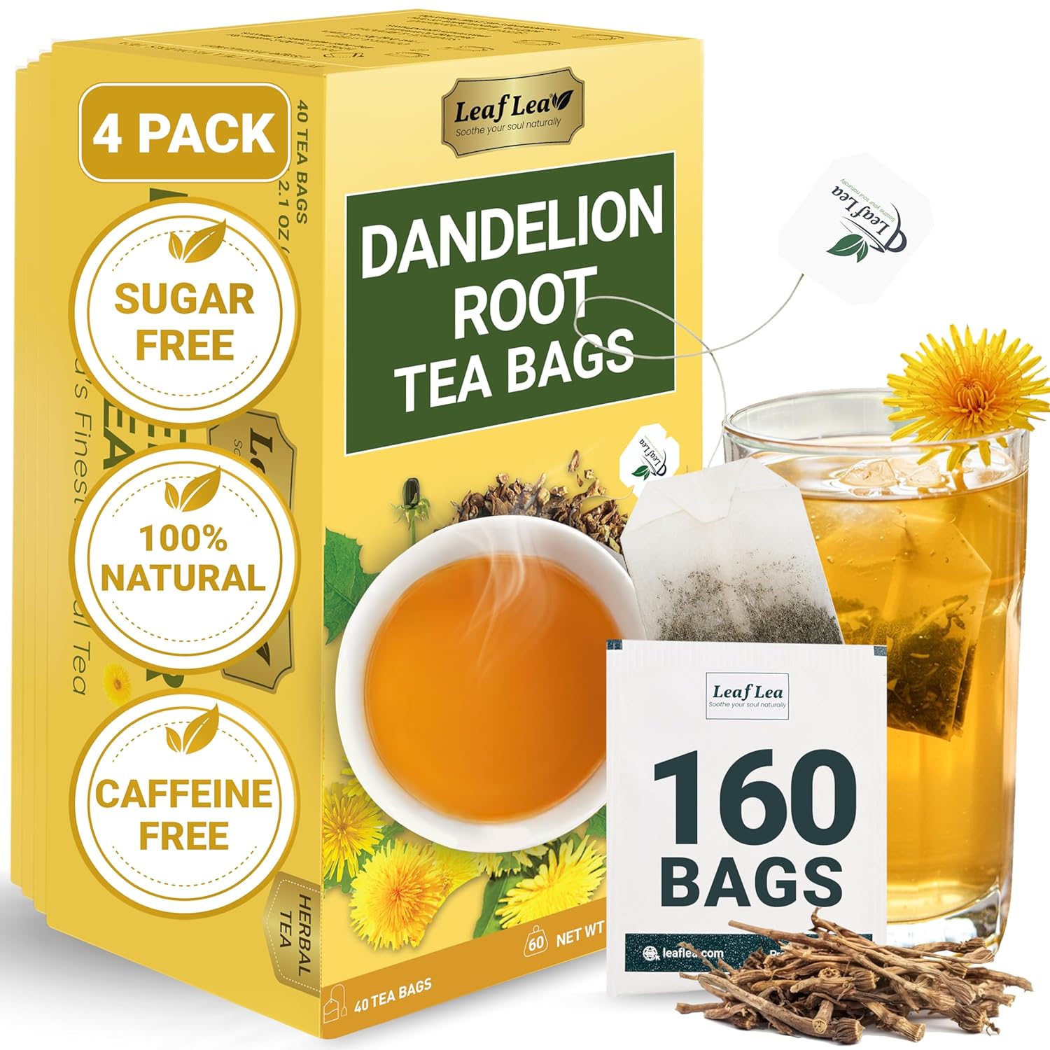 LeafLea Dandelion Root Tea Bags, 160 Dandelion Tea Bags, 100% Natural & Pure Dandelion Root, Caffeine-Free, Vegan, Gluten-Free, No Sugar, Sealed for Fresh Flavor, 4 Pack