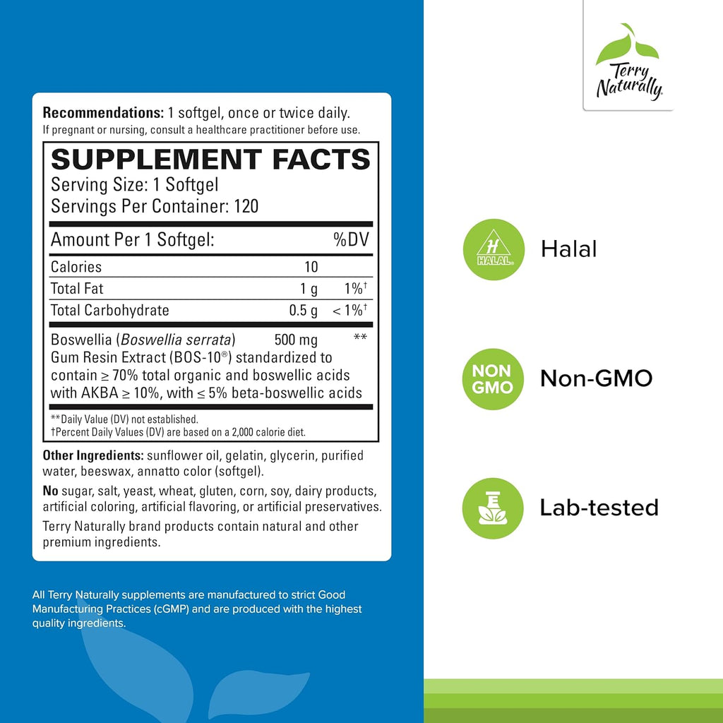 Terry Naturally BosMed 500 Extra Strength - Boswellia Serrata Extract - Supplement for Healthy Lung Support - Herbal Supplement Formula with High Levels of AKBA - 120 Softgels (Pack of 2)