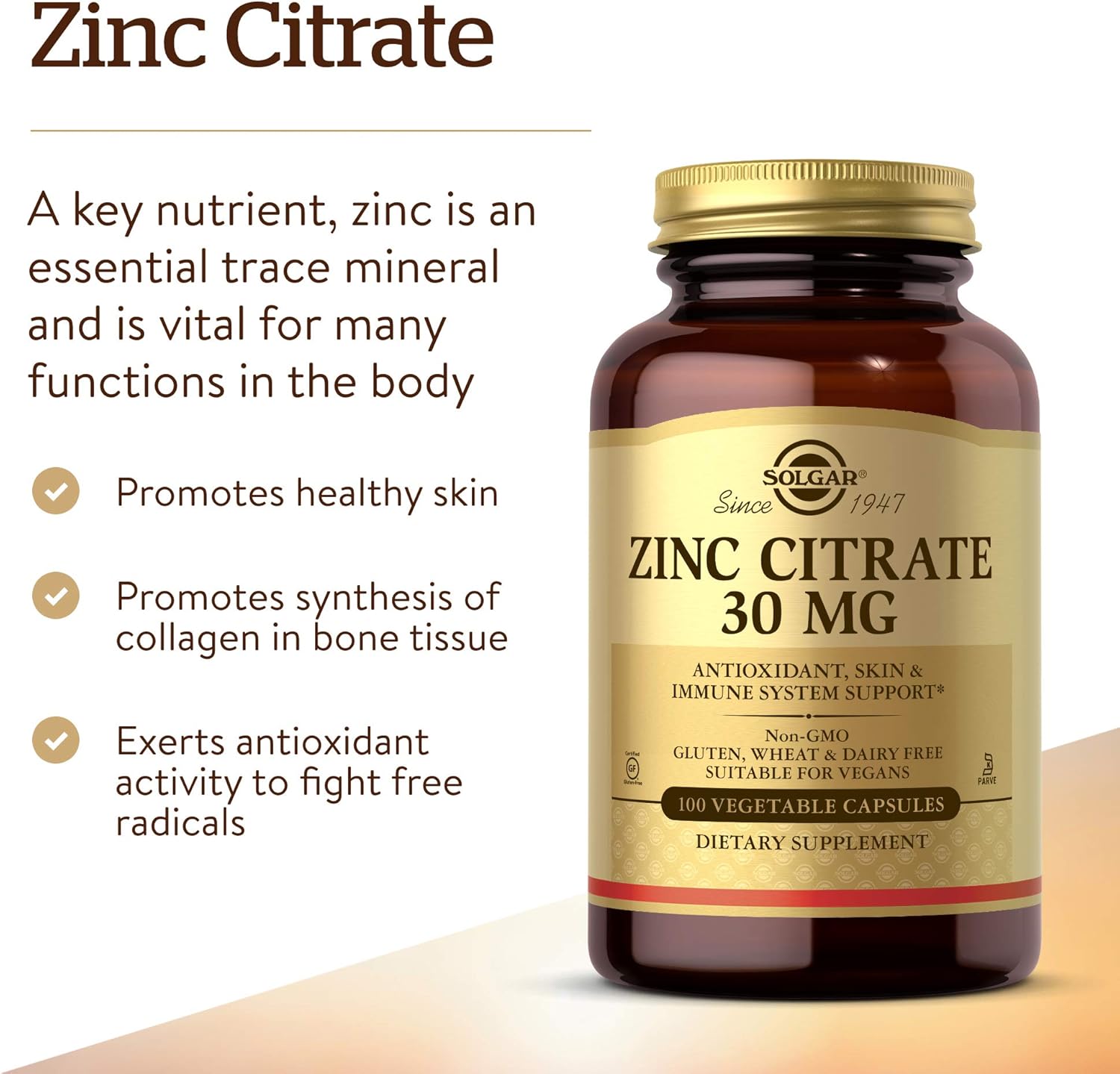 Solgar Zinc Citrate Vegetable Capsules, 100 Count, Non-GMO, Gluten Free, and Kosher, Supports Immune System Health, Healthy Skin and Eyes, Normal Taste and Vision