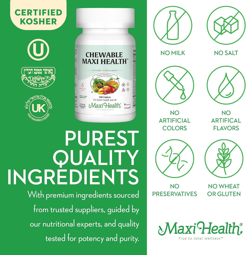 Maxi Health Chewable Multivitamin for Kids, Teens and Adults - Cherry Chewable Vitamins for Adults & Children - Kosher Kids Multivitamin + Iron (180 Tablets)