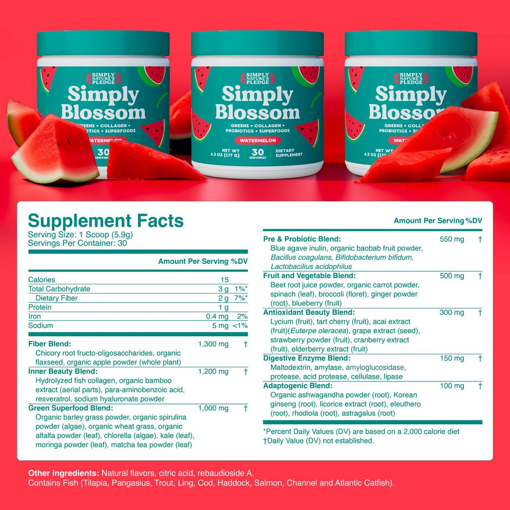 Simply Blossom Nutrition Daily Greens & Superfood Powder + Collagen + Probiotics for Women's Digestive Health & Bloating Relief. Help Your Health Bloom - 30 Day Supply - Watermelon