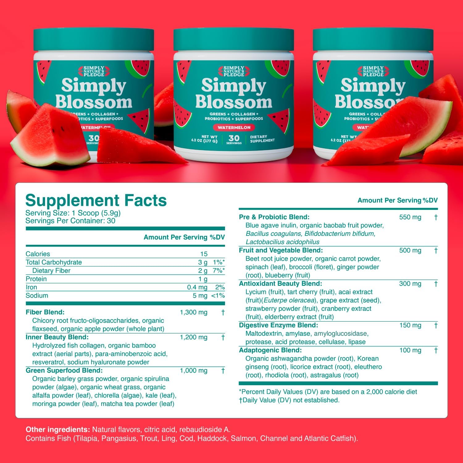 Simply Blossom Nutrition Daily Greens & Superfood Powder + Collagen + Probiotics for Women's Digestive Health & Bloating Relief. Help Your Health Bloom - 3 Month Supply - Watermelon