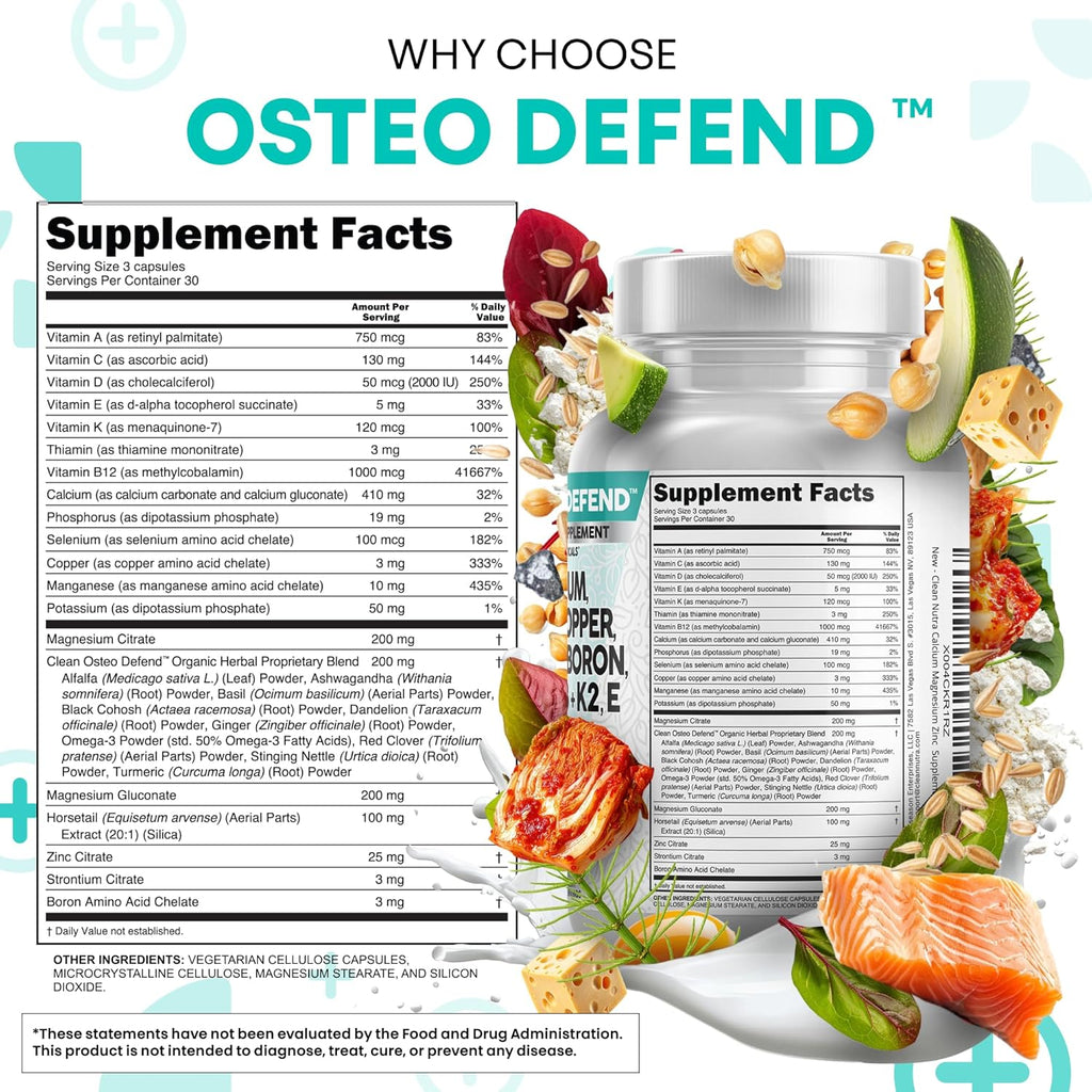 Clean Nutraceuticals Calcium Magnesium Zinc Supplement with Potassium, Copper, Strontium, Silica, Vitamin D3 K2, Boron, Vitamin B1 B12 Red Clover Herb Alfalfa Basil Pills for Men & Women Osteo Defend