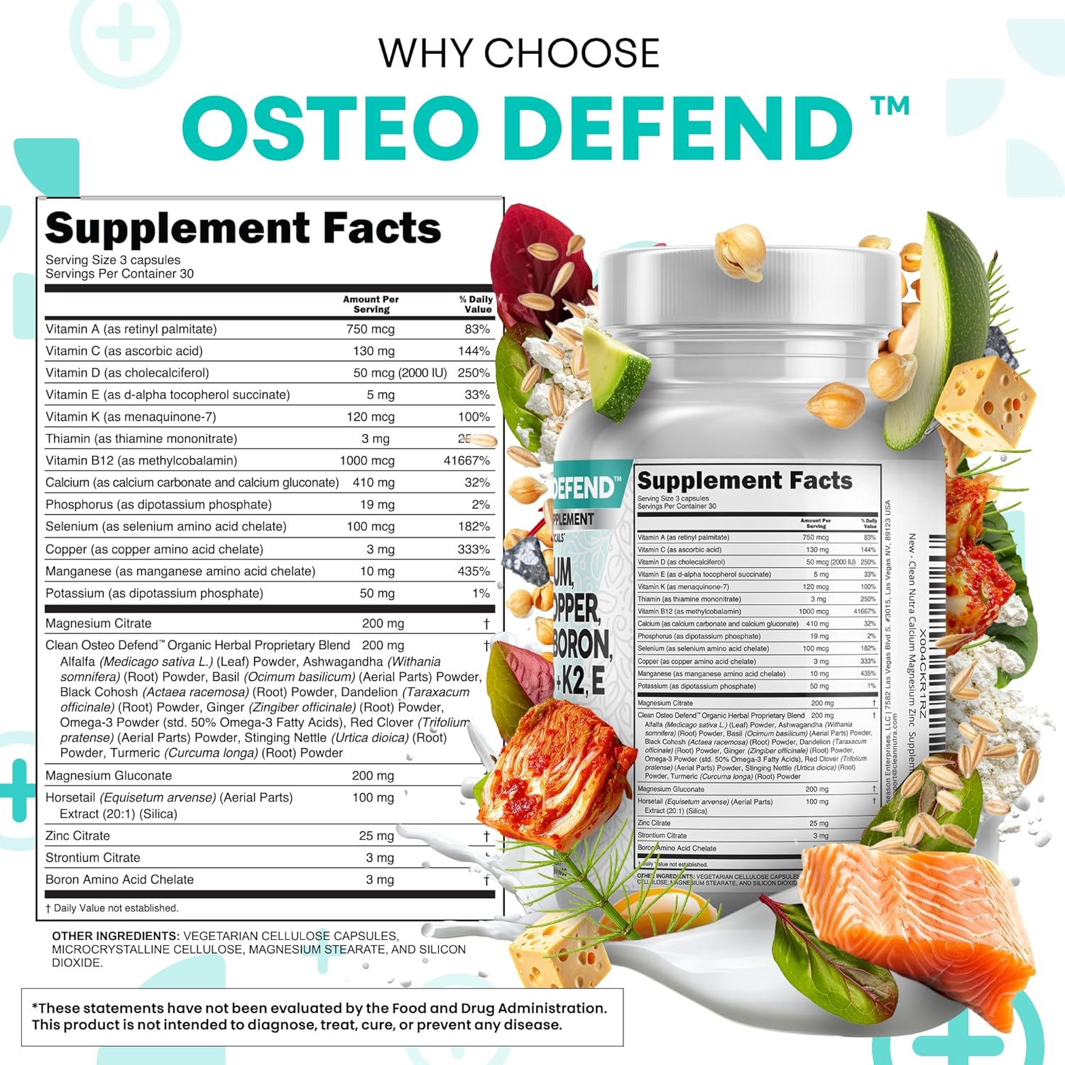 Clean Nutraceuticals Calcium Magnesium Zinc Supplement with Potassium, Copper, Strontium, Silica, Vitamin D3 K2, Boron, Vitamin B1 B12 Red Clover Herb Alfalfa Basil Pills for Men & Women Osteo Defend