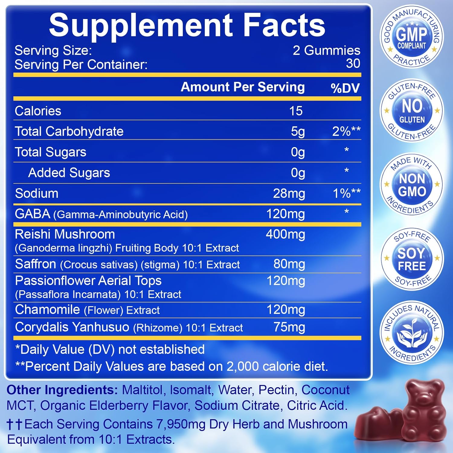 Sleep Mushroom Gummies with Reishi & Lions Mane -Natural Sleep Aid & Relaxation Supplement, Wild Elderberry Flavor, Non-GMO, No Sugar, 60 Count