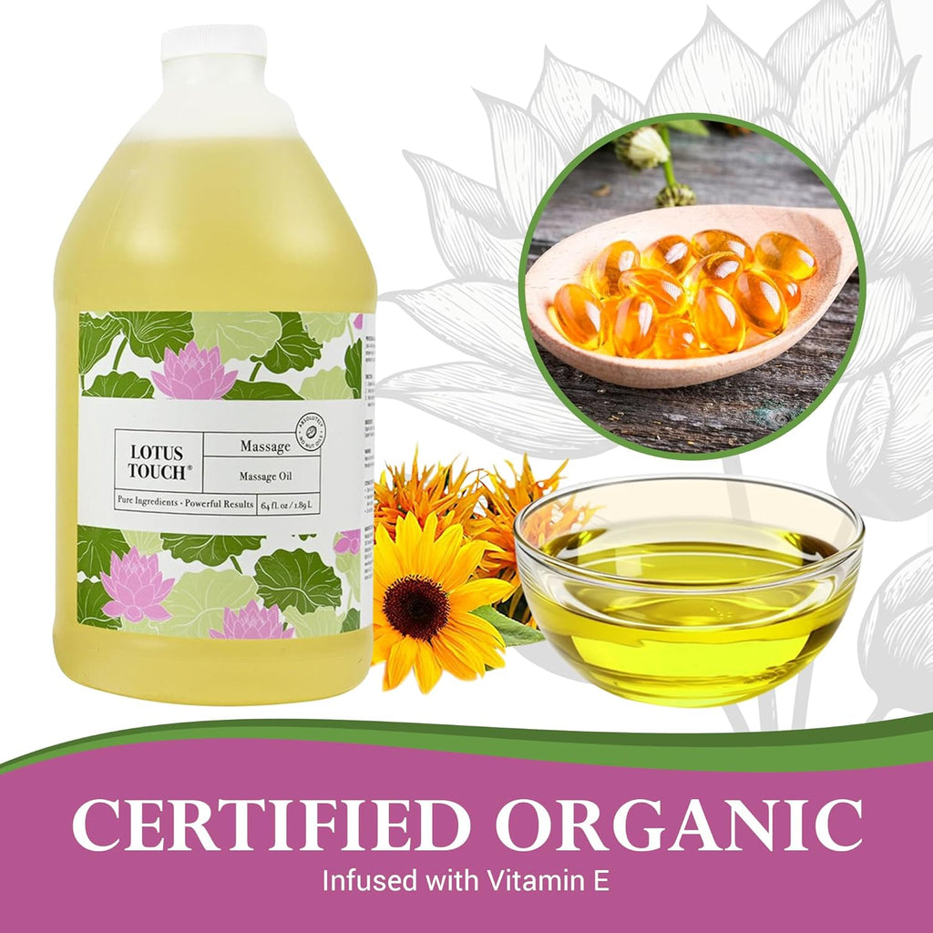 Organic Naturals Massage Oil by Lotus Touch - 100% Certified Organic - High Glide, Easy Workability - Pure Flax Seed, Olive Oil, Jojoba Oil, Shea Butter, Vitamin E Nourish and Protect Skin 1/2 Gallon
