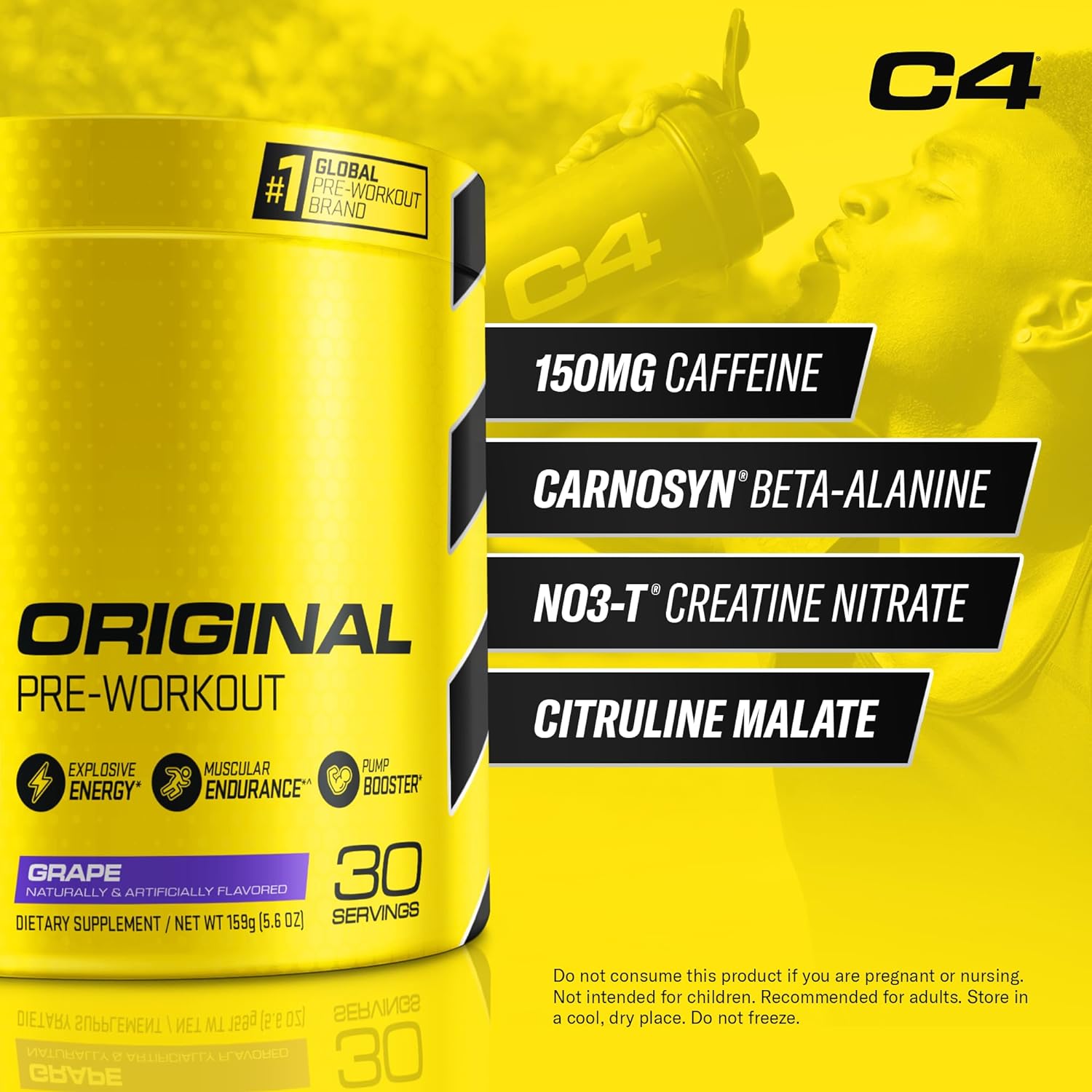 Cellucor C4 Original Pre Workout Powder Grape Sugar Free Preworkout Energy for Men & Women 150mg Caffeine + Beta Alanine + Creatine - 30 Servings (Packaging May Vary)
