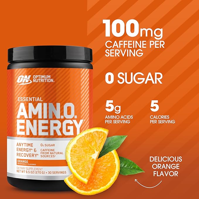 Optimum Nutrition Amino Energy Powder – Energy & Focus Pre Workout with Amino Acids, BCAA, Green Tea Caffeine & Coffee, Muscle Recovery Support – Orange Cooler, 30 Servings (Packaging May Vary)