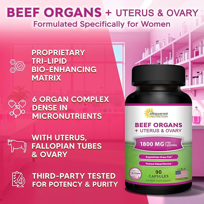 aSquared Nutrition Beef Organ Supplement for Women - Grass Fed Liver Capsules - Ovary, Uterus, Kidney & Heart - Female Superfood - Women's Complex Pills for Energy & Health