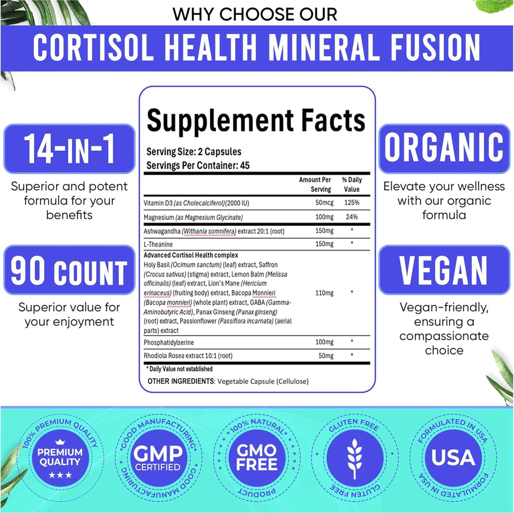 Adndale Cortisol Supplements for Women. Cortisol Manager 14-in-1 Ashwagandha Supplement with Magnesium Glycinate, L-Theanine & More. Support Stress Management & Stamina. 90 Capsules.