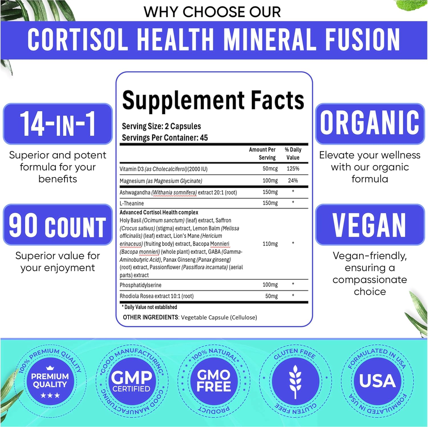 Adndale Cortisol Supplements for Women. Cortisol Manager 14-in-1 Ashwagandha Supplement with Magnesium Glycinate, L-Theanine & More. Support Stress Management & Stamina. 90 Capsules.