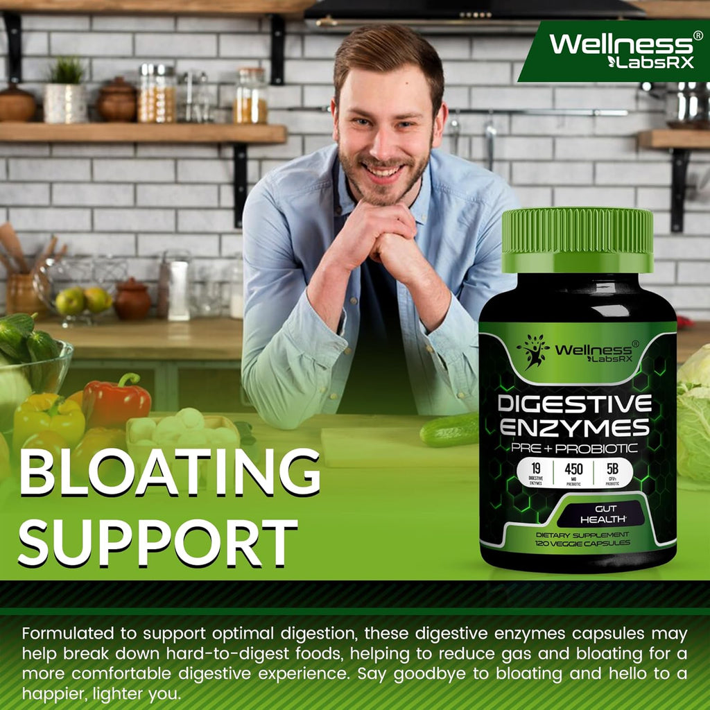Digestive Enzymes with Probiotics and Prebiotics, 450mg, 5 Billion CFUs - Pure Super Digestion Capsules - Digestive Enzymes for Women & Men Support Digestion & Gut Health - 120 Count