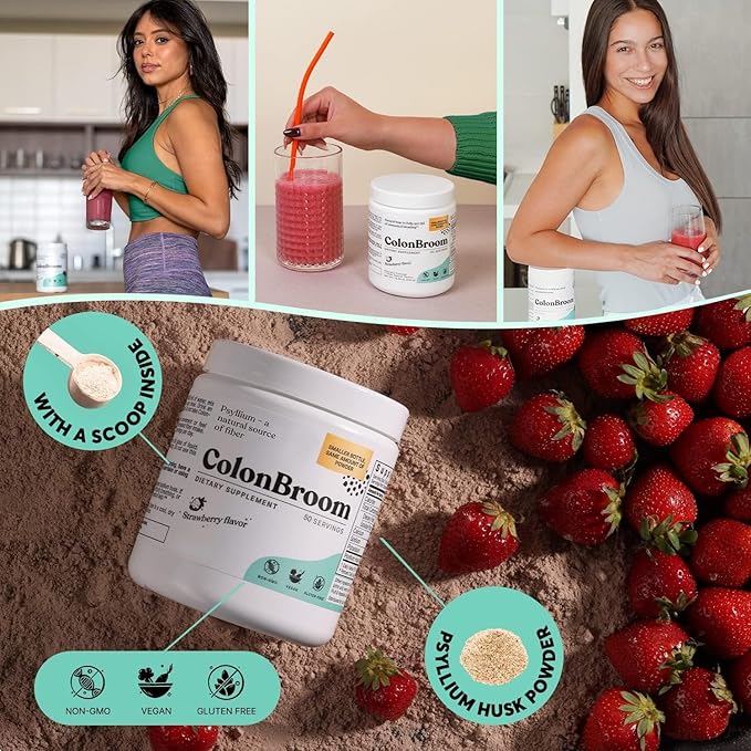 ColonBroom Psyllium Husk Powder (Strawberry) - Colon Cleanse for Bloating Relief & Gut Health - Colon Broom Fiber Powder Drink - Vegan, Gluten Free, Non-GMO Fiber Powder Supplement, 50 Servings