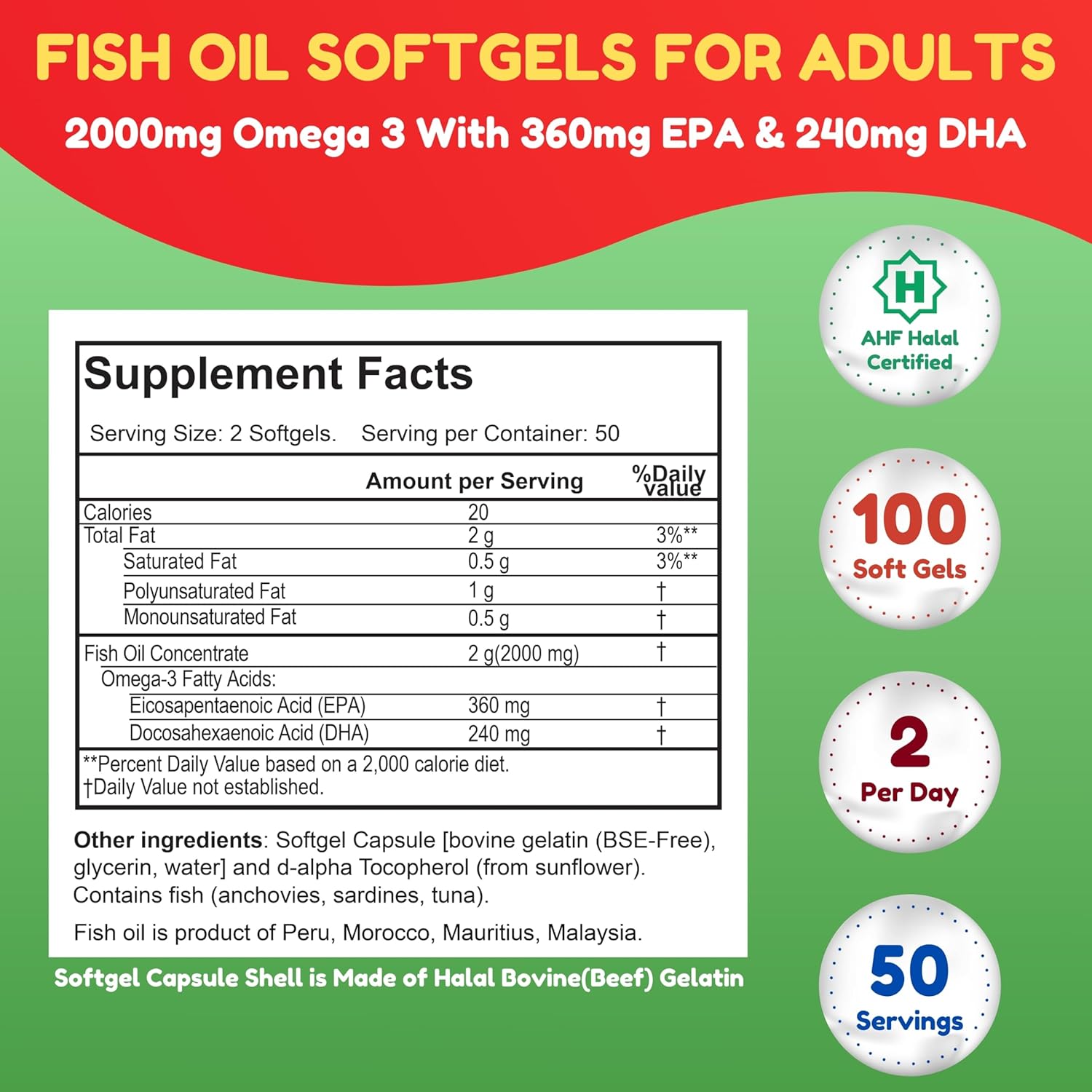 SHIFAA NUTRITION Halal Fish Oil 2000mg Softgels with 360mg EPA & 240mg DHA. 100 Wild Caught & Non-GMO Omega 3 Softgels for Heart & Brain Health. Burpless, Easy-to-Swallow Fish Oil Omega 3 Supplements