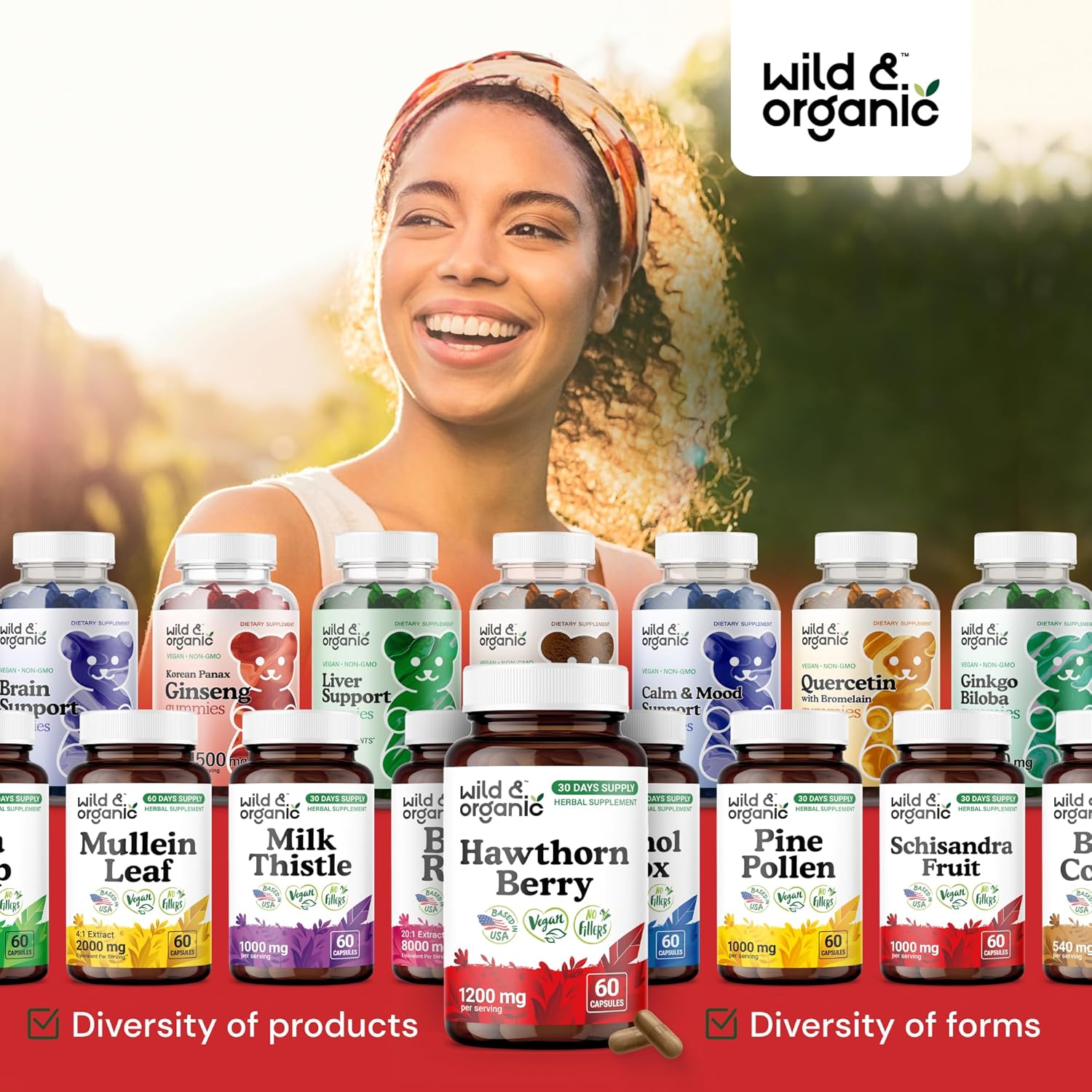 Wild & Organic Hawthorn Berry Capsules 1200 mg - Overall Support - Hawthorne Berry Supplement - Crataegus Monogyna Fruit Powder - 30 Days of Supply - Vegan, No Fillers, Non-GMO - 60 Count