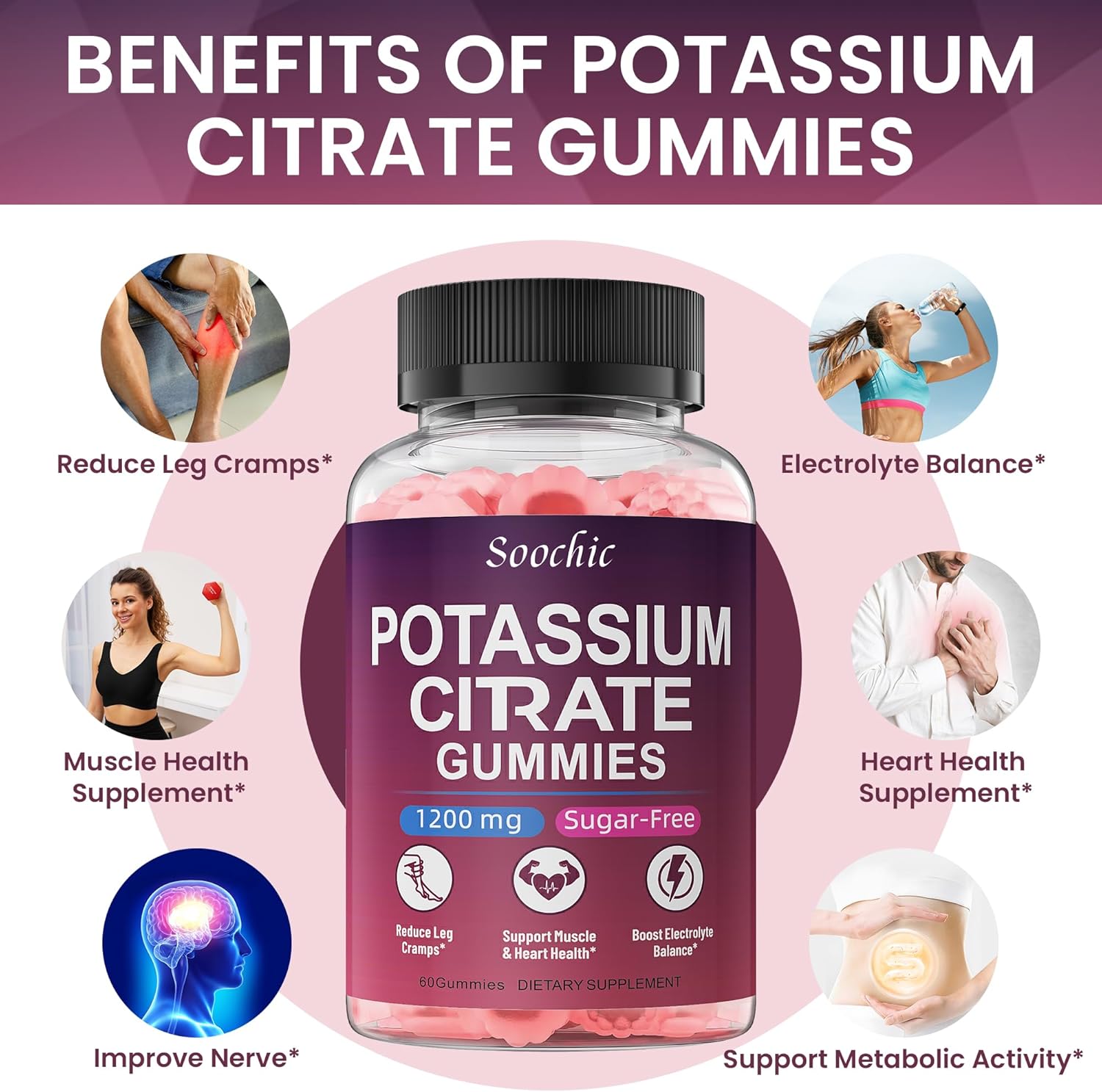 Potassium Citrate Gummies - 1200mg Chewable Potassium Supplement for Men & Women - Supports Leg Cramps & Muscle Health - Vegan, Gluten Free, Sugar Free - Raspberry Flavor (60 Count)