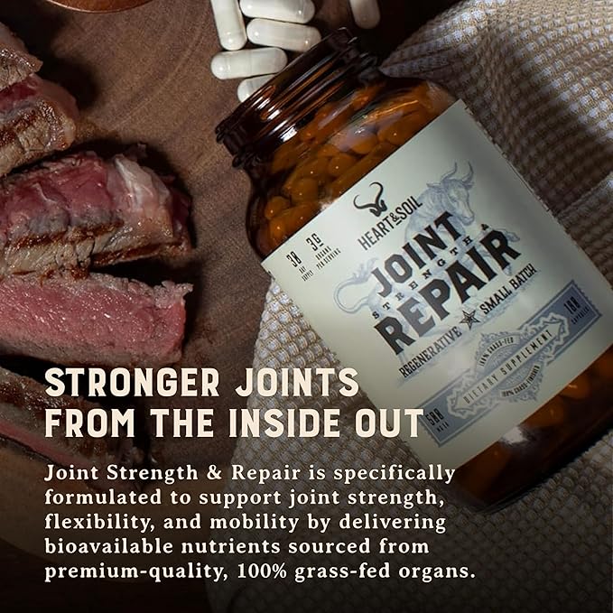 Heart & Soil 100% Grass Fed & Finished Joint Support Supplement from Regenerative Cattle with Trachea, Scapula & Bone Marrow – Supports Joint Strength & Mobility – 3000mg – Glass Bottle – 180 Capsules