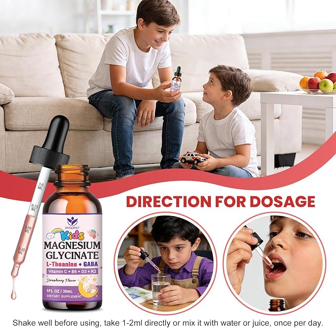 Magnesium Glycinate Drops for Kids - Relaxation & Cognition Support - 200mg Liquid Magnesium Glycinate Supplement with L-Theanine, GABA, B6, D3, K2 - Sugar Free, Strawberry Flavor - 1 Fl Oz (2 Pack)