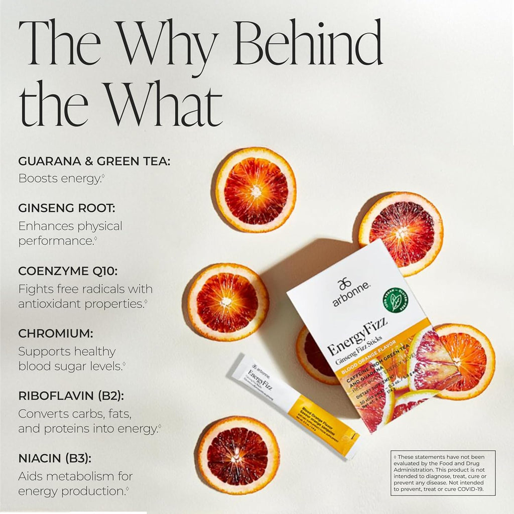 Arbonne Ginseng Energy Supplements - Blood Orange Flavor Fizz Sticks, Energy Boost with Caffeine Powder from Guarana and Green Tea, Delicious Alternative to Caffeine Pills