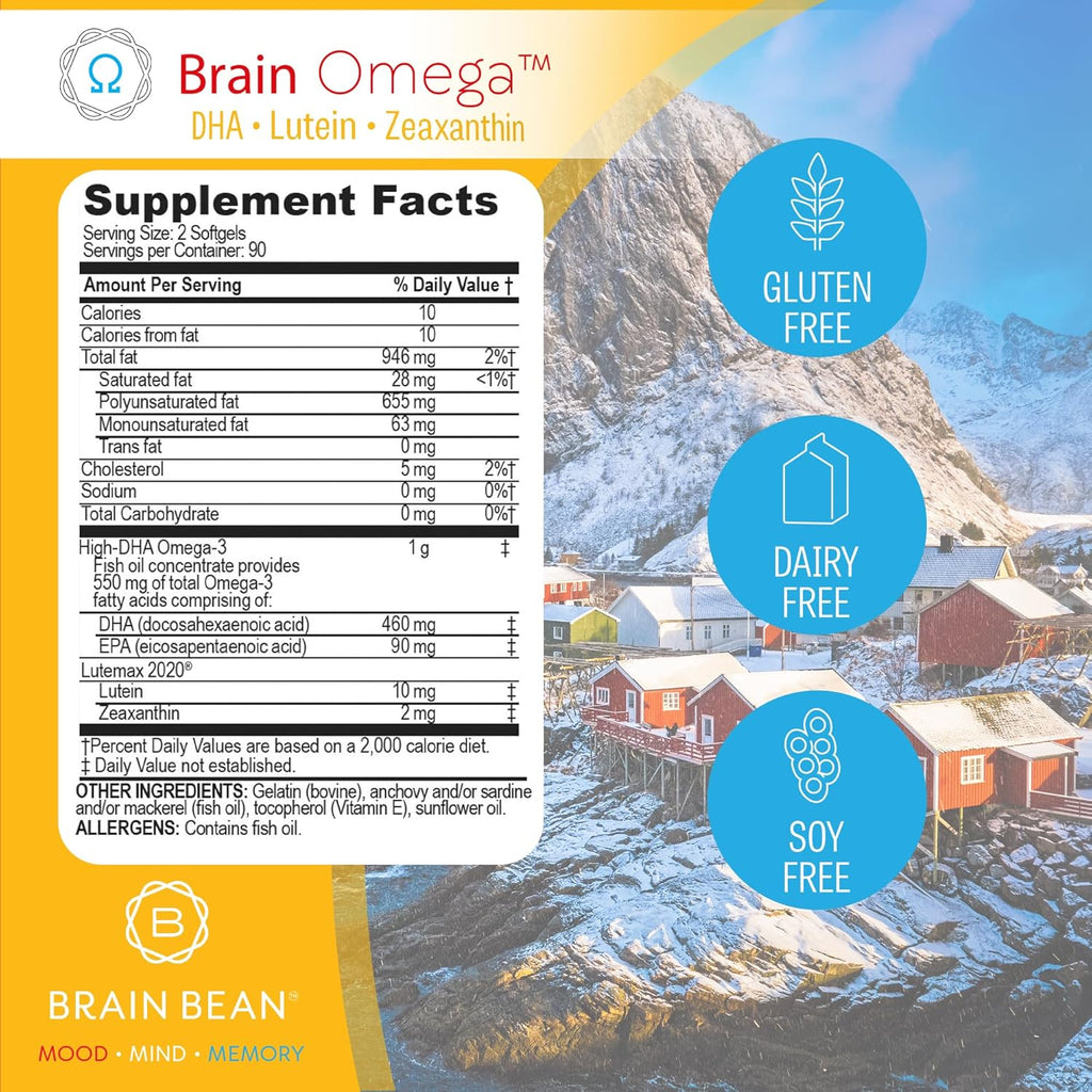 Brain Omega with Lutein and Zeaxanthin – Omega 3 Supplement for Brain, Heart & Eye Health – 460 mg DHA, 90 mg EPA, Lutein and Zeaxanthin Supplements – 180 Softgels (90 Servings)