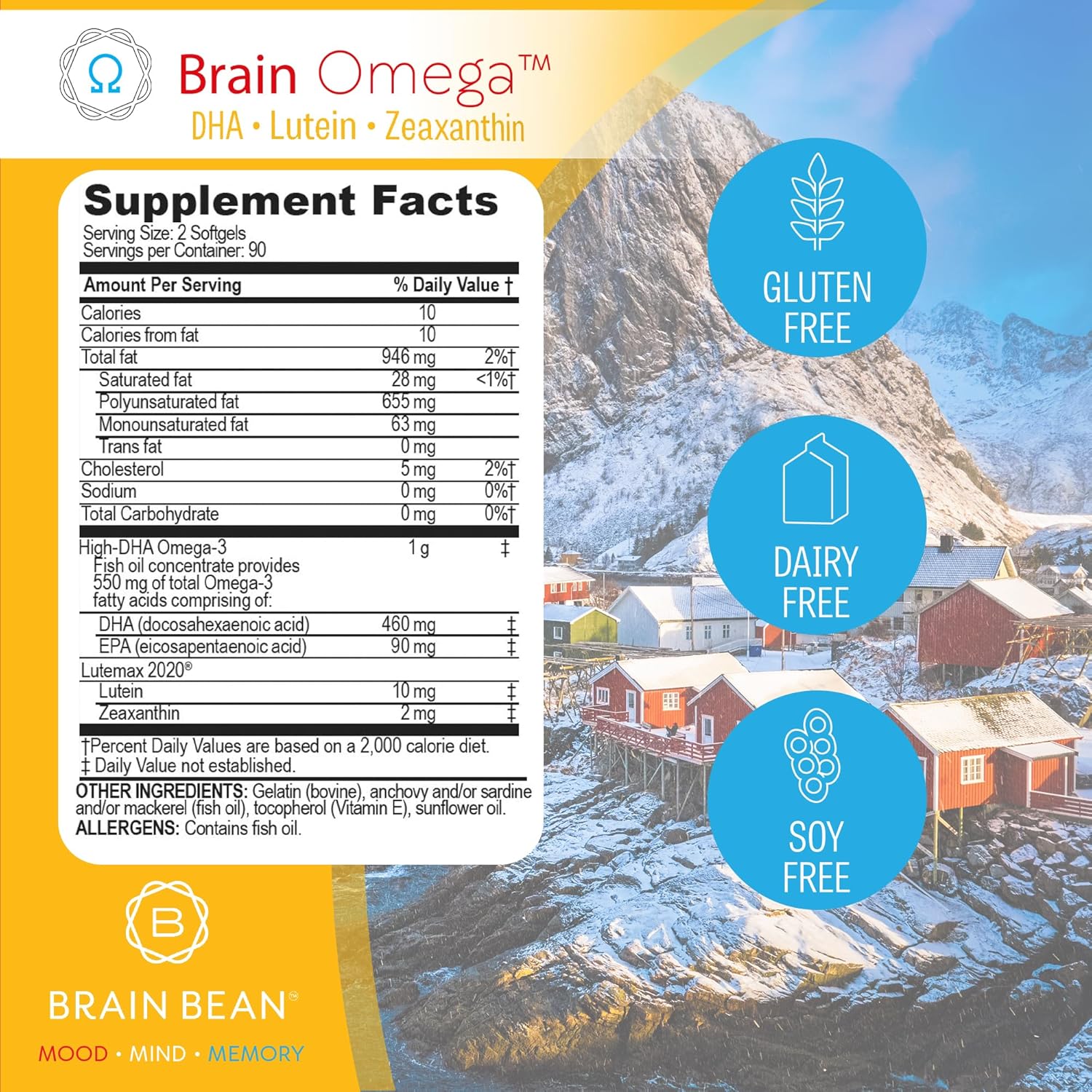 Brain Omega with Lutein and Zeaxanthin – Omega 3 Supplement for Brain, Heart & Eye Health – 460 mg DHA, 90 mg EPA, Lutein and Zeaxanthin Supplements – 180 Softgels (90 Servings)