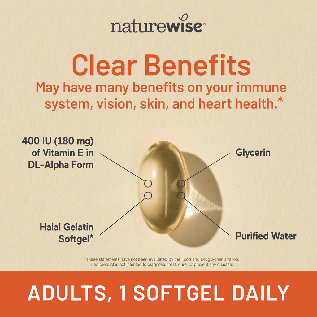 NatureWise Vitamin E 400 IU Softgels (180mg DL-Alpha) - Dairy, Gluten, and Soy Free, Non-GMO Antioxidant Dietary Supplement for Skin, Heart, Eye, and Immune Health Support - 2-Month Supply, 60 Count