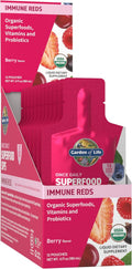 Garden of Life Superfoods Sips Pouches, Vitamins, Probiotics, 13 Organic Superfoods, Immunity Reds, Functional Mushrooms, Once Daily, Organic, Vegan, Preservative-Free, Berry Flavor, 12 Servings