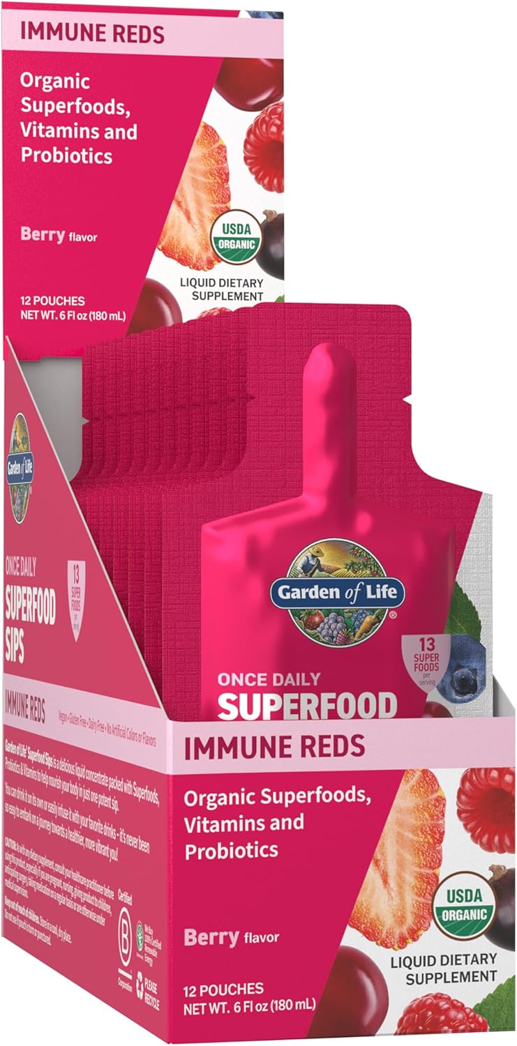 Garden of Life Superfoods Sips Pouches, Vitamins, Probiotics, 13 Organic Superfoods, Immunity Reds, Functional Mushrooms, Once Daily, Organic, Vegan, Preservative-Free, Berry Flavor, 12 Servings