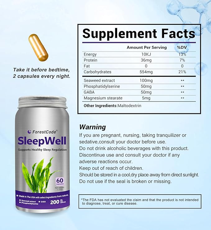 Melatonin-Free Sleep Aid for Adults with GABA & Seaweed Extract - Natural Supplement for Deep Sleep & Waking Up Refreshed, Stress Relief & Cognitive Support - Non-Habit Forming, 60 Capsules