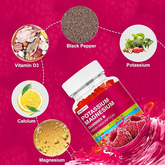 Potassium Magnesium Gummies - High Absorption Magnesium Glycinate & Potassium Citrate Plus Coenzyme Q10, DHA, D3, Mineral & Calcium for Zzz, Leg Cramps & Muscle - 60 Raspberry Gummies