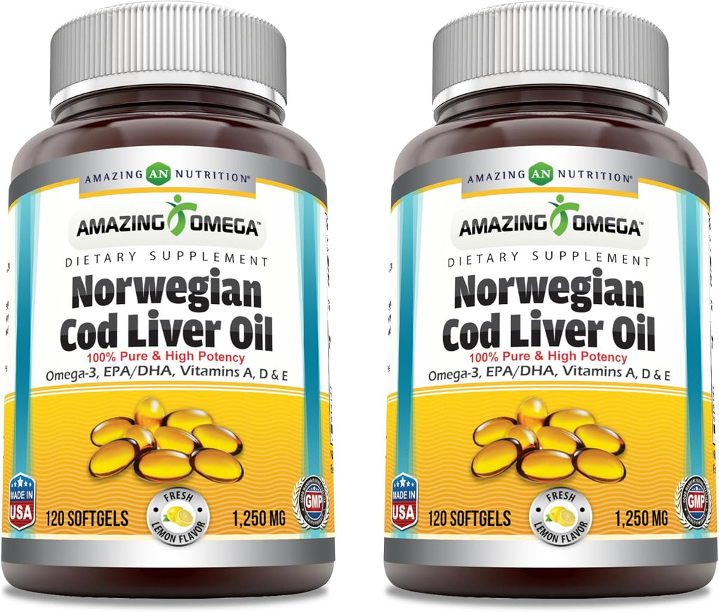 Amazing Omega Norwegian Cod Liver Oil 1250 Mg Softgels Supplement | Omega-3, EPA, DHA, Vitamin A, Vitamin D & Vitamin E (Lemon | 120 Count | 2 Pack)