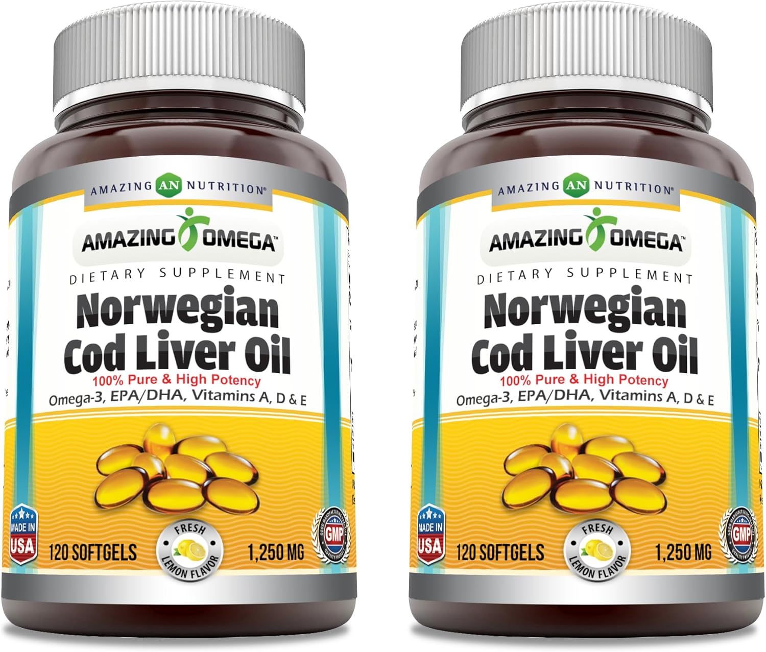 Amazing Omega Norwegian Cod Liver Oil 1250 Mg Softgels Supplement | Omega-3, EPA, DHA, Vitamin A, Vitamin D & Vitamin E (Lemon | 120 Count | 2 Pack)
