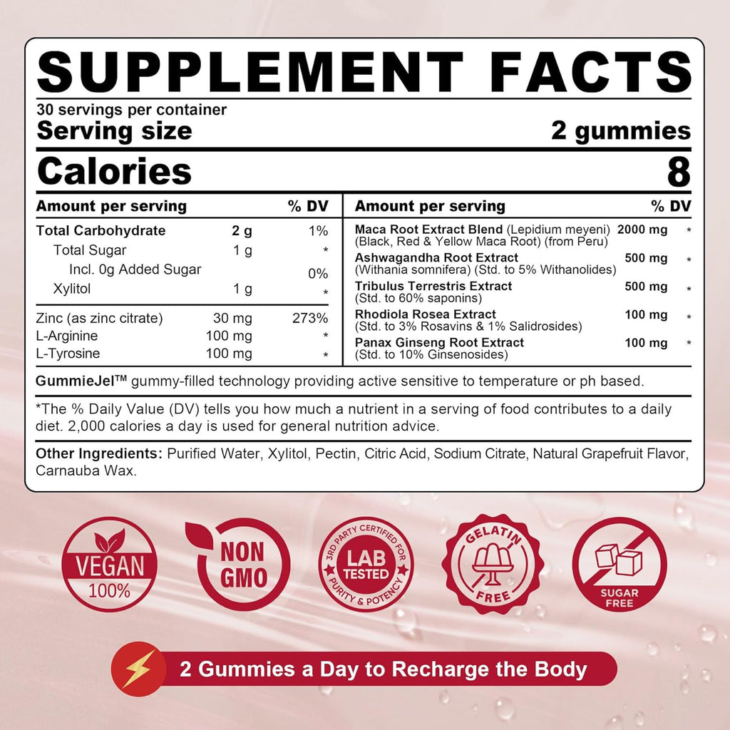 Maca Root Filled Gummies 2000mg for Women Men | Sugar Free | Organic Black, Red, Yellow Maca Root Supplement Gummy Chews with Ashwagandha Ginseng & Zinc | Vegan, Non-GMO, Grapefruit Flavor, 60 Count