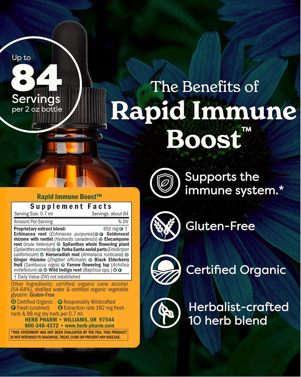Herb Pharm Organic Rapid Immune Boost: Fast-Absorbing Tincture for Adults, Echinacea Tincture with Goldenseal, Ginger Extract & Elderberry, Immune Support Supplement & Wellness Aid, 2 Oz