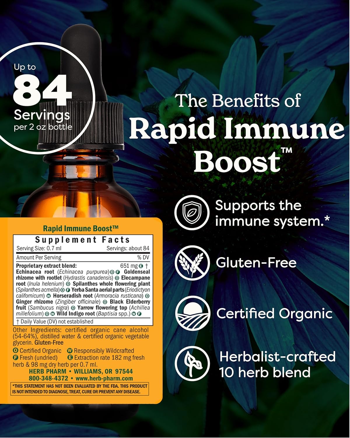 Herb Pharm Organic Rapid Immune Boost: Fast-Absorbing Tincture for Adults, Echinacea Tincture with Goldenseal, Ginger Extract & Elderberry, Immune Support Supplement & Wellness Aid, 2 Oz