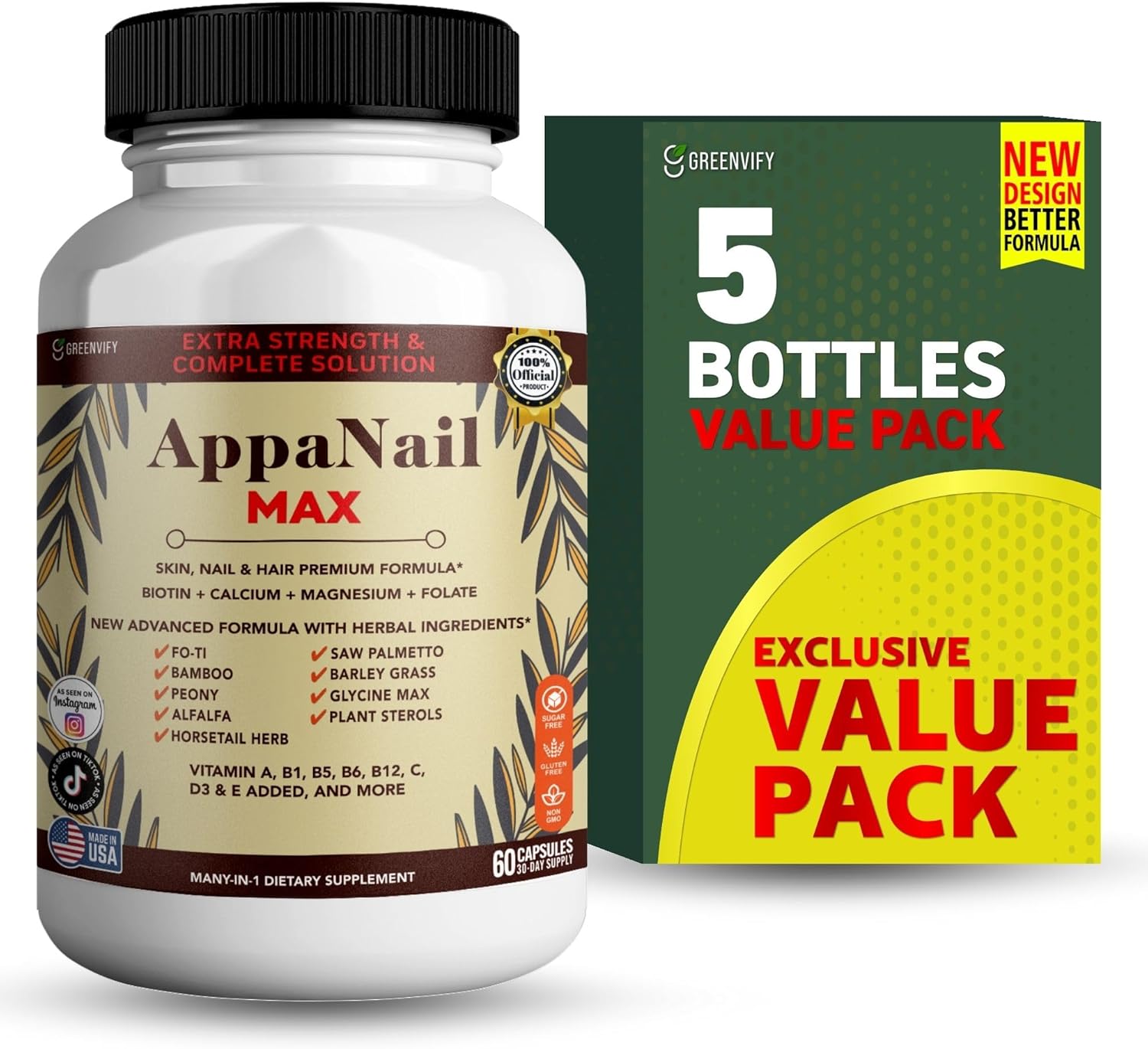 AppaNail MAX Hair Skin & Nail Supplement, 60 Capsules, with Biotin 5000mcg, Vitamins, Minerals & Herbal Complex (5)