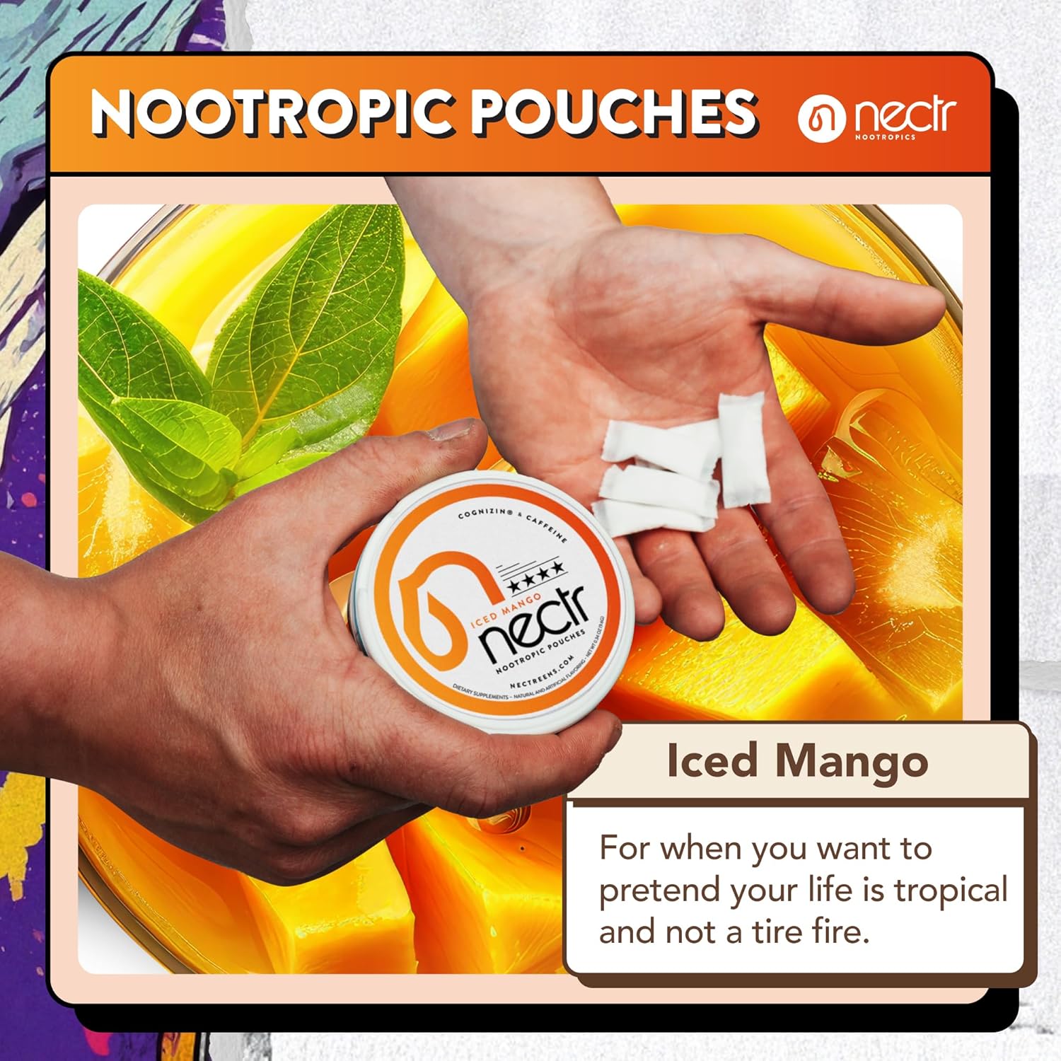 Nectr Energy Nootropic Pouches – Iced Mango Flavored, Caffeine Pouches with Cognizin® Citicoline. Sugar-Free Brain Treats. Smooth, Sustained Focus & Energy Supplement - 1 Puck of 16pcs
