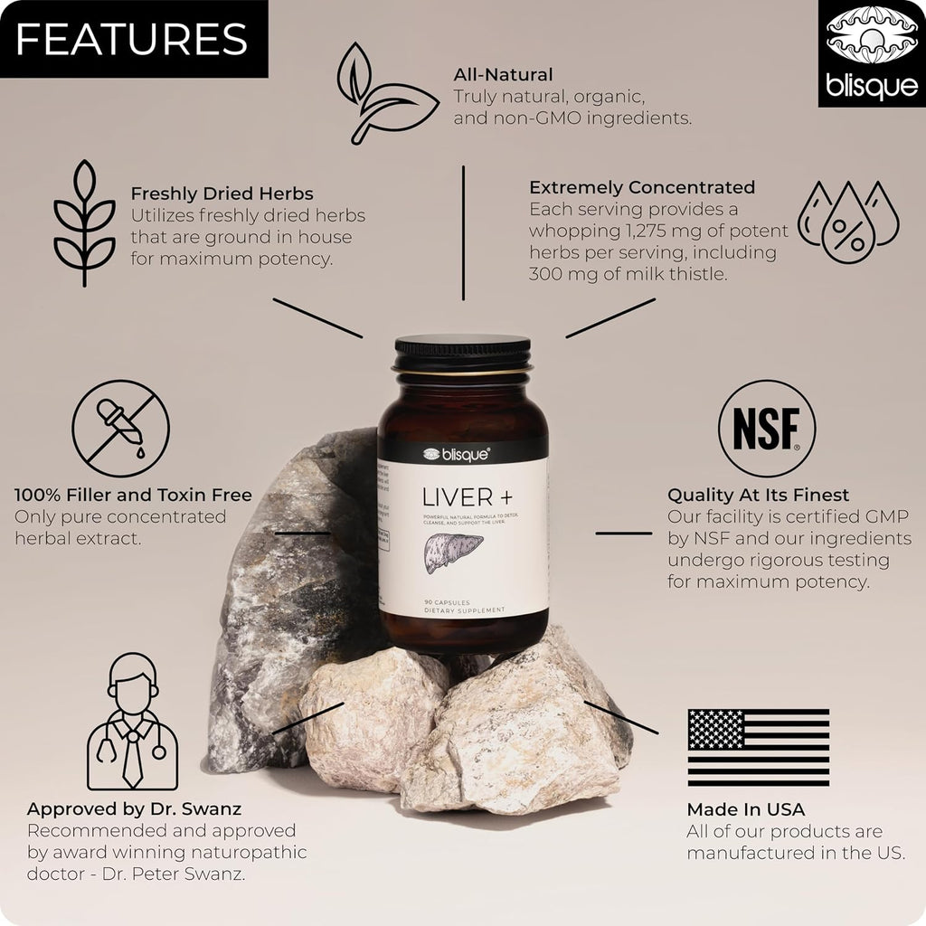 Blisque – Liver Complex Supplement to Detox, Cleanse, and Repair The Liver | Doctor Approved | Natural Ingredients | Milk Thistle, Dandelion, and Burdock Root | 90 Capsule Pills