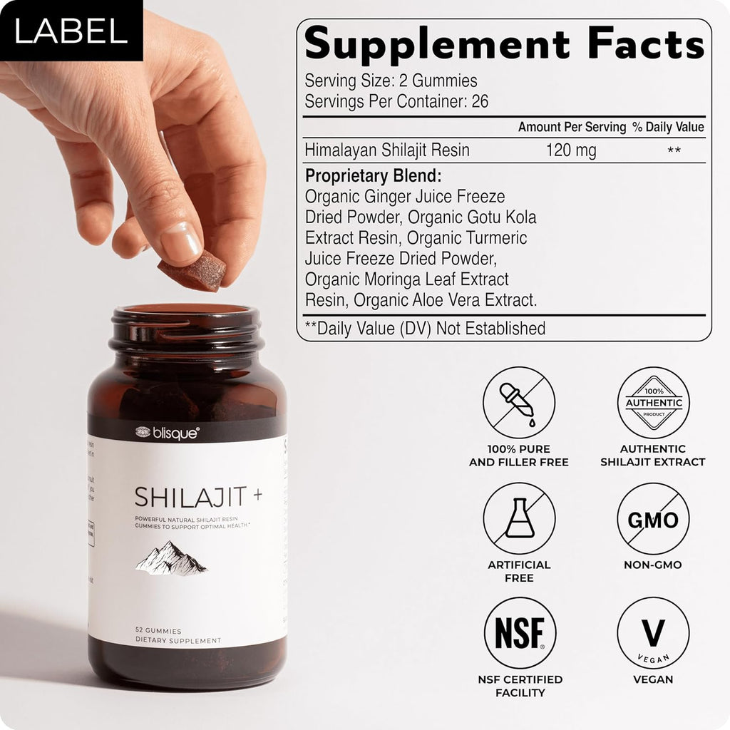 Blisque – Pure Himalayan Organic Shilajit Resin Gummies Supplement | Contains Fulvic Acid and Trace Minerals | Authentic and Natural | 52 Gummies