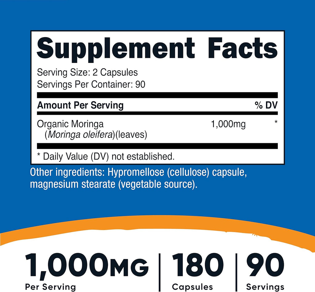 Nutricost Moringa Capsules 500mg, 180 Capsules (90 Servings) - Vegetarian Capsules, Non-GMO, Gluten Free