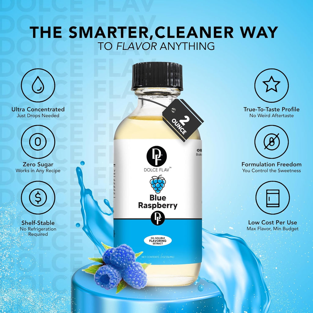 Dolce Flav Blue Raspberry Extract – 2 Ounce Oil-Soluble Kosher, Sugar-Free, Concentrated Blue Raspberry Flavoring for Baking, Chocolates & Desserts, Includes Measured Dropper