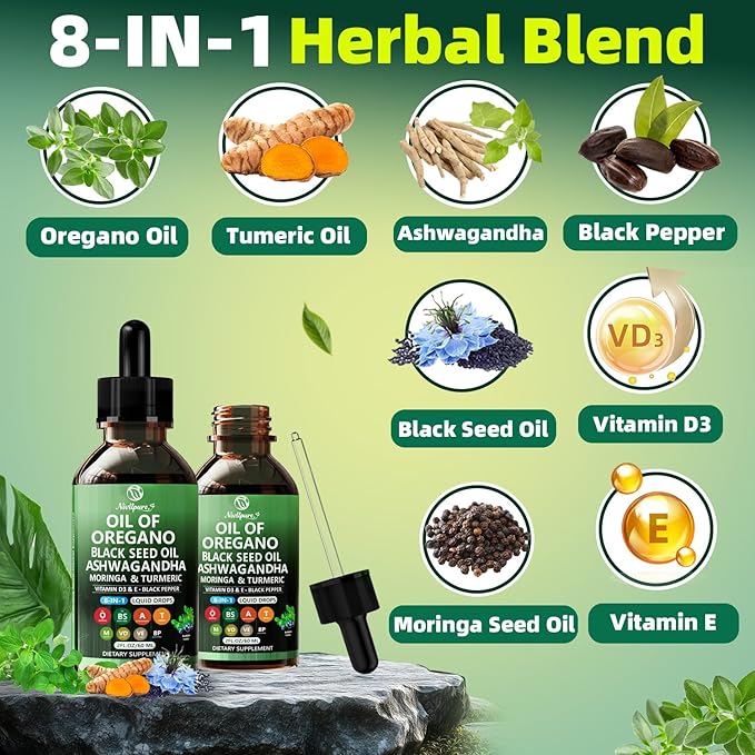 Oil of Oregano with Black Seed Oil | 8 in 1 Organic Oregano Oil Drops with Ashwagandha, Moringa & Turmeric | Natural Herbal Supplements for Immune Support & Stress Relief | Vegan Friendly, 2 Fl Oz