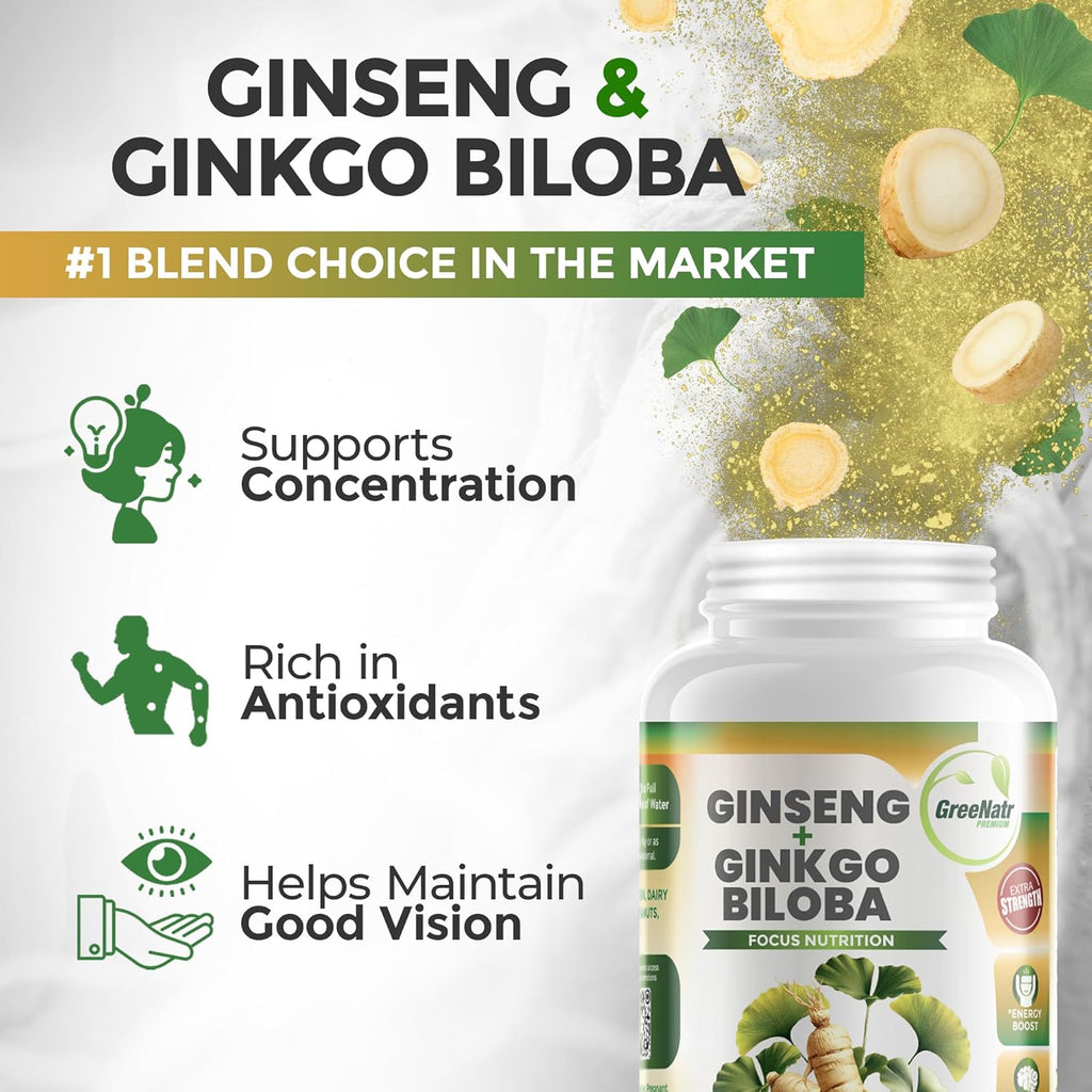 Ginko Biloba & Panax Ginseng Supplement - Red Ginseng Brain Supplement for Memory and Focus - Ginkgo Biloba Supplements for Good Vision, Immune System and Improved Blood Flow - 3 Bottles