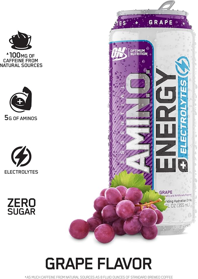 Optimum Nutrition Amino Energy Powder: Concord Grape (65 Servings) with Essential Amino Energy Plus Electrolyes Sparkling Drink: Grape (12 Cans) - Bundle Pack