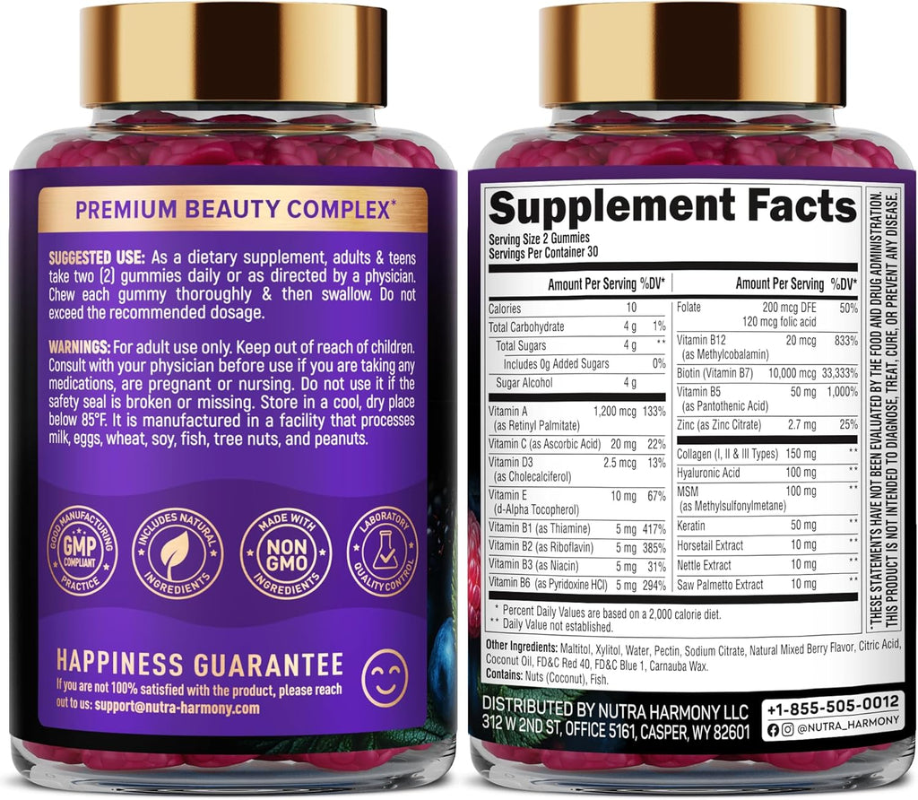 Biotin Gummies with Collagen - Hair Growth Support Skin, & Nail Strength - for Women & Men - Biotin 10000mcg | Keratin | Hyaluronic Acid | B-Complex | Saw Palmetto - Sugar-Free, Mixed Berry, Pack of 2